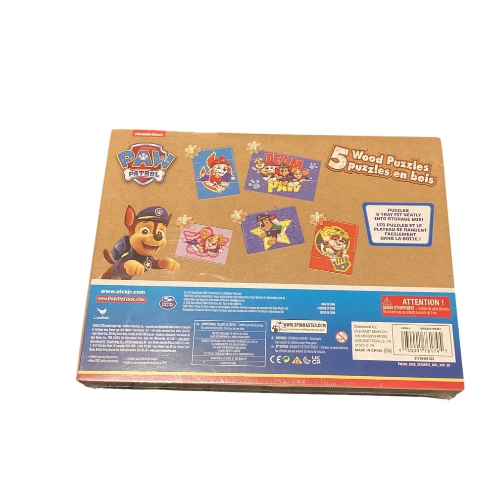 Paw Patrol 5 Wood Puzzles in Wooden Storage Box Cardinal Games Nickelodeon New
